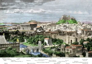 Prints of Athens from the east, in the time of Hadrian. Hand-colored engraving of a 19th-century illustration Greece Prints: Print of Ancient Athens from the east during Hadrian's reign