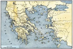 Prints of Map of ancient Greece and its colonies. Hand-colored woodcut of a 19th-century illlustration Greece Prints: Hand-colored Woodcut Print of Ancient Greece and its Colonies
