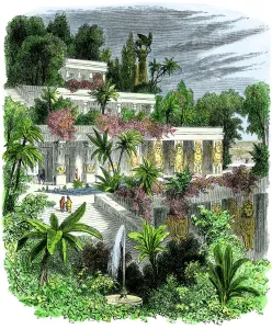 Hand-colored woodcut print of the Hanging Gardens of ancient Babylon