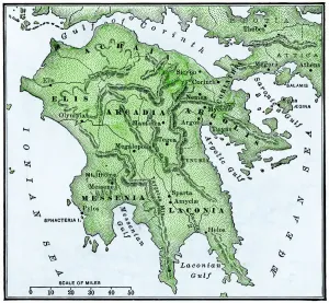 Prints of Map of the Peloponnesus of ancient Greece. Hand-colored woodcut of a 19th-century illustration Greece Prints: Hand-colored woodcut print of the Peloponnesus region in ancient Greece