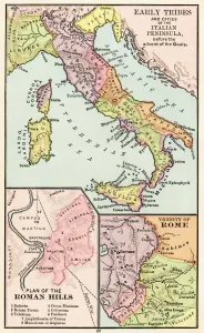 Prints of Map of early tribes in Italy (top). of the Roman hills (lower left). and the vicinity of Rome (right) in the time of the Roman Empire. Printed color lithograph of a 19th-century illustration Italy Prints: Print of Ancient Italy Maps
