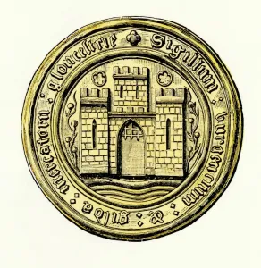 Prints of Guild merchants seal, Gloucester, England, circa 1200. Hand-colored woodcut reproduction Gloucester Prints: Medieval Guild Merchant Print circa 1200