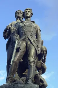 Prints of Explorers Meriwether Lewis and William Clark with their Native American guide Sacagawea. Digital photograph of a bronze statue in Charlottesville, Virginia William Clark Prints: Bronze Statue Print of Lewis and Clark with Sacagawea