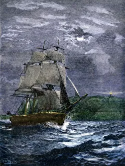 Lighthouse warning a clipper ship of dangerous shores Lighthouse warning a clipper ship of dangerous shores