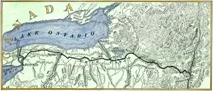 Prints of Map of the Erie Canal across New York state, 1800s. Hand-colored woodcut of a 19th-century illustration New York Prints: Erie Canal Route Print, Hand-colored Woodcut Map
