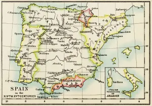 Prints of Map of the Iberian Peninsula in the 1300s and 1400s. Printed color lithograph reproduction of a 19th-century illustration Spain Prints: Medieval Iberian Peninsula Print