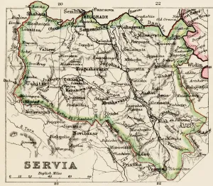 Prints of Map of Servia in the 1870s. Printed color lithograph reproduction of a 19th-century illustration Serbia Prints: Color Lithograph Print of Serbia Map