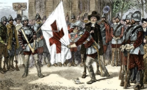 Massachusetts Puritans removing the cross from the English flag Massachusetts Puritans removing the cross from the English flag
