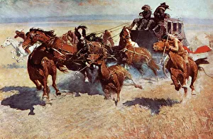 Native American attack on a western stagecoach Native American attack on a western stagecoach