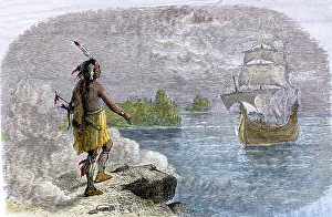 Native American seeing the Mayflower arrive Native American seeing the Mayflower arrive