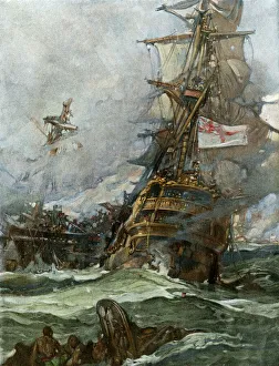 Naval battle between the British and French, 1790s Naval battle between the British and French, 1790s