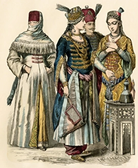 Upper Class Ottoman Turks, 1700s: Antique Hand-Colored Art