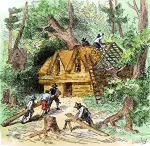 Plymouth colonists building homes Plymouth colonists building homes