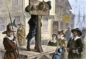 Puritan prisoner in the pillory in New England Puritan prisoner in the pillory in New England