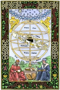 Hand-colored woodcut print of Ptolemy's earth-centered cosmology