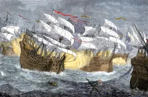 Maritime History England Prints: Seizure of Spanish treasure ships by the English fleet of Sir Francis Drake