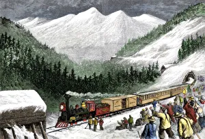 Workers cheering the first train over the mountains from California Workers cheering the first train over the mountains from California