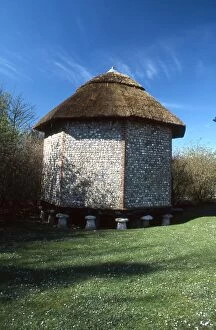 David Johnston Collection: Flint and thatch barn at Manor Farm West Dean, West Sussex