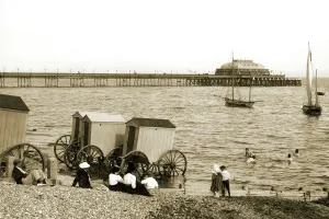 Prints of Bathing machines, beach and pier, Worthing. View looking east across the shingle beach towards the pier, c1893. Walter Gardiner Photography Collection PP/WSL/WGP001184 West Sussex Prints: Worthing Beach Scene Print, c1893