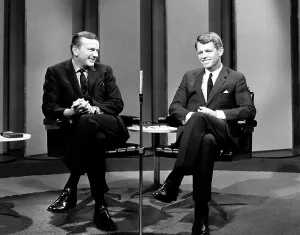 Vintage TV Hosts Prints: THE JACK PAAR PROGRAM, from left, Jack Paar, Robert F. Kennedy, aired March 13, 1964