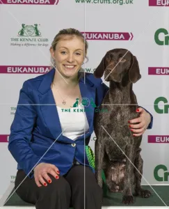 <b class=qtipBold><figcaption>Crufts 2015</figcaption></b><br>Picture shows Hannah Rose from Telford with Fraggle a German Shorthaired Pointer, which was the Best of Breed winner today (Thursday 05.03.15), the first day of Crufts 2015, at the NEC Birmingham.<br><em>© OnEdition / The Kennel Club</em> Crufts 2015