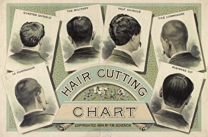 AD: HAIRCUTS, 1884. Hair cutting chart. Illustrations of various mens hairstyles AD: HAIRCUTS, 1884. Hair cutting chart. Illustrations of various mens hairstyles