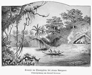AMAZON JUNGLE, 1892. A scene on the upper Amazon. Drawing, German, 1892 AMAZON JUNGLE, 1892. A scene on the upper Amazon. Drawing, German, 1892