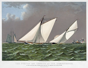 AMERICA'S CUP, 1885. The American winner, Puritan with the English challenger Genesta on the homestretch of their AMERICA'S CUP, 1885. The American winner, Puritan with the English challenger Genesta on the homestretch of their