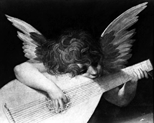 ANGEL & LUTE, 16th CENTURY. Angel playing a lute. Oil painting by Rosso Fiorentino ANGEL & LUTE, 16th CENTURY. Angel playing a lute. Oil painting by Rosso Fiorentino