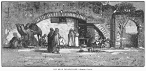 ARAB CARAVANSARY, 1879. A caravansary in North Africa. Wood engraving, American ARAB CARAVANSARY, 1879. A caravansary in North Africa. Wood engraving, American