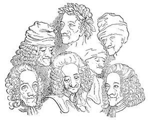 Assumed name of Francois Marie Arouet. French writer. Voltaire in different portraits. Sketch, German, 18th century Assumed name of Francois Marie Arouet. French writer. Voltaire in different portraits. Sketch, German, 18th century