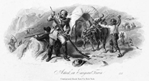 American Indian Warfare Prints: ATTACK ON EMIGRANT TRAIN. Banknote engraving, c1870, after Felix O. C. Darley