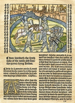 AUNCELOT OF THE LAKE. Woodcut depicting Launcelot at a tournament, from Wynkyn AUNCELOT OF THE LAKE. Woodcut depicting Launcelot at a tournament, from Wynkyn