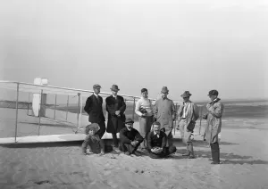 Kitty Hawk Aviation History Prints: Group portrait in front of the Wright glider at Kill Devil Hill