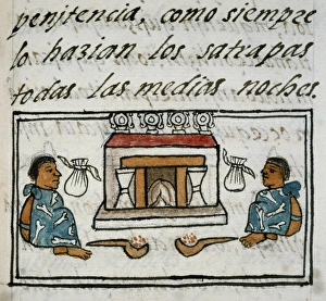 AZTEC ALTAR. Two Aztec men seated before an altar. Drawing from the Codex Florentino AZTEC ALTAR. Two Aztec men seated before an altar. Drawing from the Codex Florentino