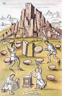 AZTEC STONE MASONS. Aztec stone masons at work. Drawing from the Codex Florentino AZTEC STONE MASONS. Aztec stone masons at work. Drawing from the Codex Florentino