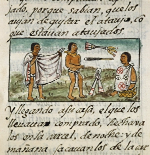 AZTECS GETTING DRESSED. An Aztec man being dressed. Drawing from the Codex Florentino AZTECS GETTING DRESSED. An Aztec man being dressed. Drawing from the Codex Florentino