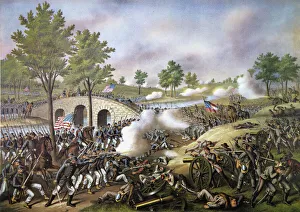 THE BATTLE OF ANTIETAM, Maryland, September 17, 1862: lithograph, 1888, by Kurz & Allison THE BATTLE OF ANTIETAM, Maryland, September 17, 1862: lithograph, 1888, by Kurz & Allison