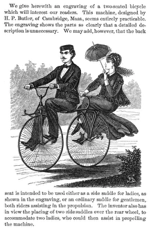 BICYCLE BUILT FOR TWO. Wood engraving, 1869, American BICYCLE BUILT FOR TWO. Wood engraving, 1869, American