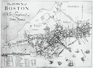BOSTON MAP, 1722. A map of Boston, Massachusetts, by John Bonner. Line engraving, 1722 BOSTON MAP, 1722. A map of Boston, Massachusetts, by John Bonner. Line engraving, 1722