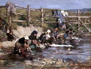BOUDIN: LAUNDRESSES. Laundresses by a Stream. Oil on wood by Eugene Boudin BOUDIN: LAUNDRESSES. Laundresses by a Stream. Oil on wood by Eugene Boudin