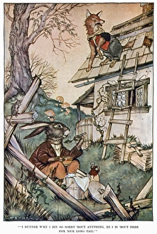 Brer Rabbit and Brer Fox, trapped on the roof. Illustration by Milo Winter from a 1917 Brer Rabbit and Brer Fox, trapped on the roof. Illustration by Milo Winter from a 1917
