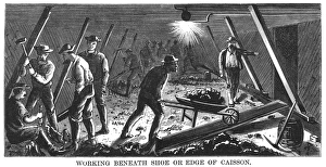 American Engineering History Prints: BROOKLYN BRIDGE: CAISSON. Laborers in the caisson at the Brooklyn end of the bridge