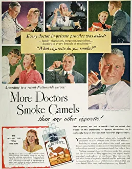 CAMELS CIGARETTE AD, c1950. What Cigarette Do You Smoke, Doctor? Advertisement for Camel cigarettes from an American CAMELS CIGARETTE AD, c1950. What Cigarette Do You Smoke, Doctor? Advertisement for Camel cigarettes from an American