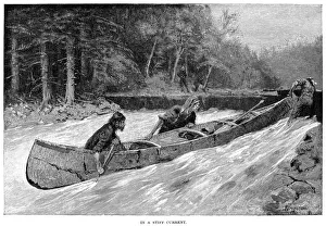 CANADA: FUR TRADE. In a stiff current. Wood engraving, 1891, after Frederic Remington CANADA: FUR TRADE. In a stiff current. Wood engraving, 1891, after Frederic Remington