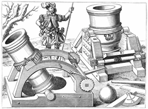 CANNONS, 1575. Bombards mounted on mobile gun-carriages: wood engraving from Georg von Frundsbergs Kriegsbuch CANNONS, 1575. Bombards mounted on mobile gun-carriages: wood engraving from Georg von Frundsbergs Kriegsbuch