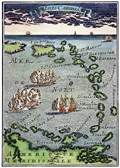 CARIBBEAN MAP. A map of the Caribbean islands: woodcut, French, c. 1688 CARIBBEAN MAP. A map of the Caribbean islands: woodcut, French, c. 1688