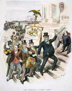 Prints of CARTOON: COXEY ARMY, 1894. The Original Coxey Army : an 1894 cartoon by W. A. Rogers showing Andrew Carnegie and other wealthy industrialists marching on the U.S Industrialist Prints: 1894 Coxey Army Print: Wealthy Industrialists March on Capitol