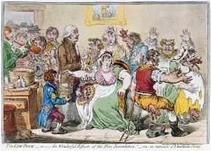 Prints of CARTOON: VACCINATION, 1802. The Cow-Pock. Satirical etching, 1802, by James Gillray on Edward Jenner and vaccination Related Prints: The Cow-Pock Print, 1802