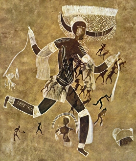 CAVE ART. Prehistoric rock painting, probably depicting a horned goddess CAVE ART. Prehistoric rock painting, probably depicting a horned goddess